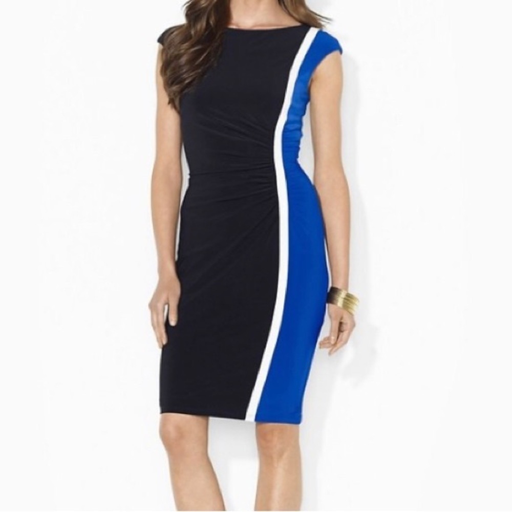 Ralph Lauren blue black white Color Block Cap Sleeve Jersey Dress size 6